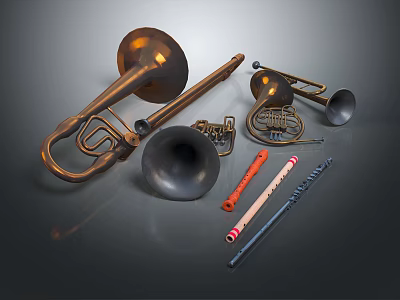 Collection of Musical Instruments and Art Supplies Including Brass Woodwind Instruments Paintbrushes and Tools 3d model