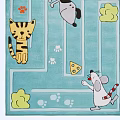 Square Carpet With Cartoon Cat Mouse Cheese Paw Prints And Green Bushes