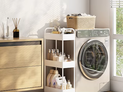 White Storage Shelf with Toiletries and Laundry Supplies in Laundry Room Near Washer 3d model