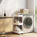 White Storage Shelf with Toiletries and Laundry Supplies in Laundry Room Near Washer