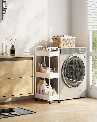 White Storage Shelf with Toiletries and Laundry Supplies in Laundry Room Near Washer 3d model