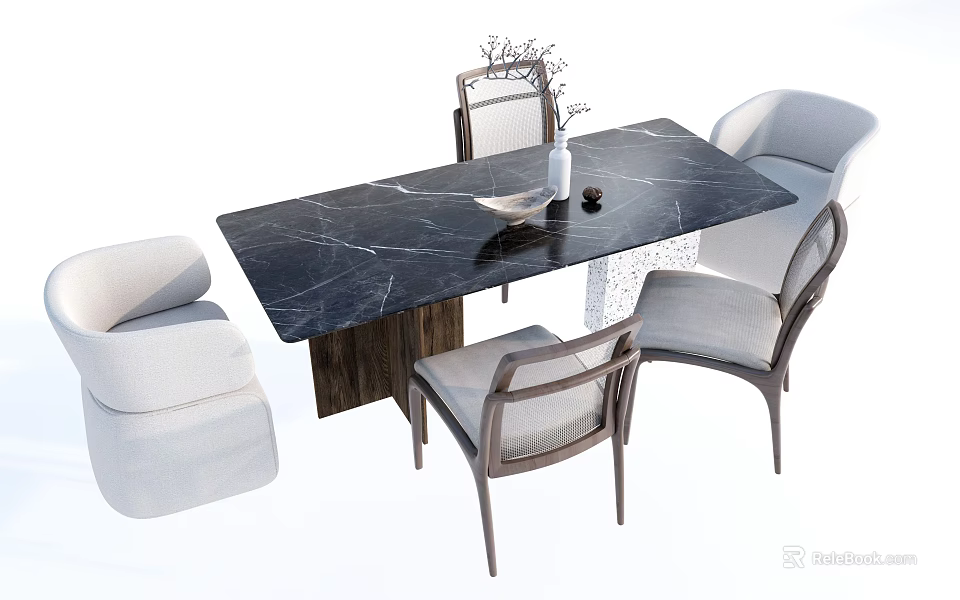 Black Marble Dining Table Set With Four Light Gray Chairs And Decorative Vase 3d model