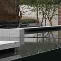 Serene Garden Landscape With Water Pool Trees Lighting And Reflective Bench 3d model