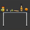 Red Tabletop Display With Canister Bottle Pear Orange Bread And Tennis Ball