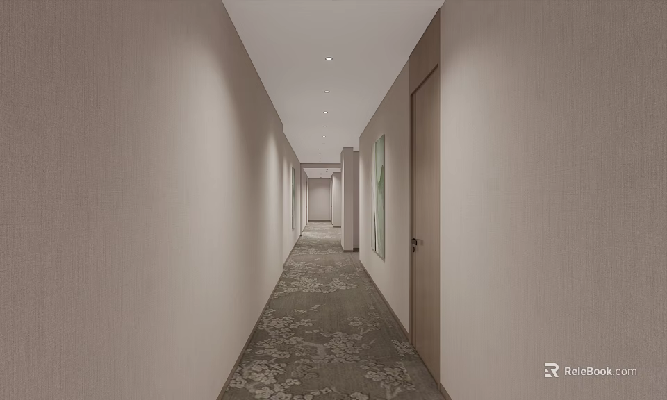 Elevator Hallway With Light Colored Walls Patterned Carpet And Recessed Lighting 3d model 