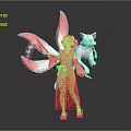 Traditional Female Character In Red White Robe With Pink Fox Tails And White Feline Creature