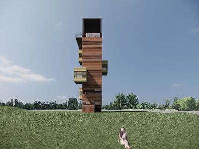 Scenic Observation Tower Standing In Green Grass Field With Trees And Blue Sky 3d model
