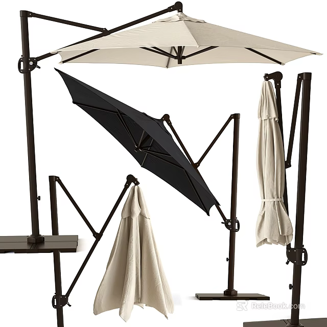 Outdoor Umbrellas In Black And Beige With Foldable Stand Structure Design 3d model