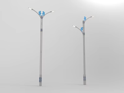 Silver Pole Outdoor Lights with Multiple Arms White Lamp Heads and Blue Decorative Elements 3d model