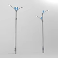 Silver Pole Outdoor Lights with Multiple Arms White Lamp Heads and Blue Decorative Elements