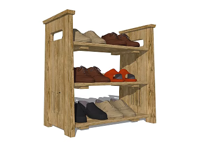 Wooden Shoe Cabinet Three Tiered Shelf Storage With Various Colored Shoes Practical Home Organizer Furniture 3d model