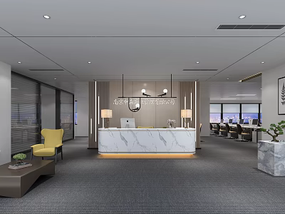 Modern Office Reception Area With Marble Countertop Pendant Lights And Yellow Chair 3d model