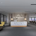 Modern Office Reception Area With Marble Countertop Pendant Lights And Yellow Chair