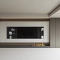 Modern TV Wall Design Featuring Wooden Panels Open Shelves And Decorative Flame