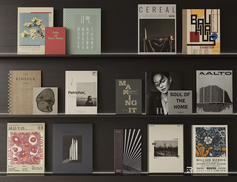 Assorted Books and Magazines Displayed on Shelf With Various Art Design Covers 3d model 