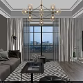 Modern Dining Room Interior With Round Table Gray Chairs Chandelier Wall Paintings And Wooden Flooring