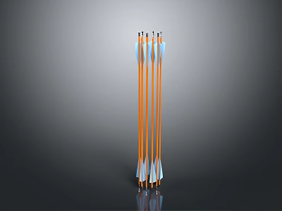 Five Shiny Arrows With Orange Shafts and Blue Arrowheads on Gray Background 3d model