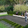 Residential Landscape With Lush Trees Lawn Pathway And Seating Area With Umbrella