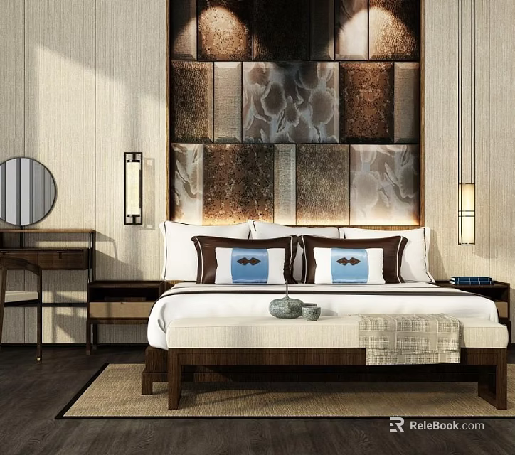 Elegant Double Bed with Textured Background Wall Blue Accent Pillows and Throw Blanket 3d model