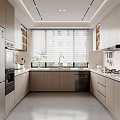 Sleek Modern Kitchen Interior Design With Wooden Cabinets Stainless Steel Appliances And Window Blinds