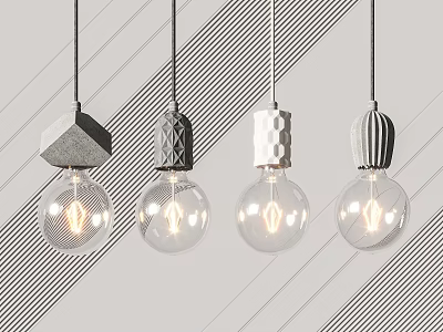 Modern Pendant Lights With Different Geometric Shades And Transparent Illuminated Bulbs 3d model