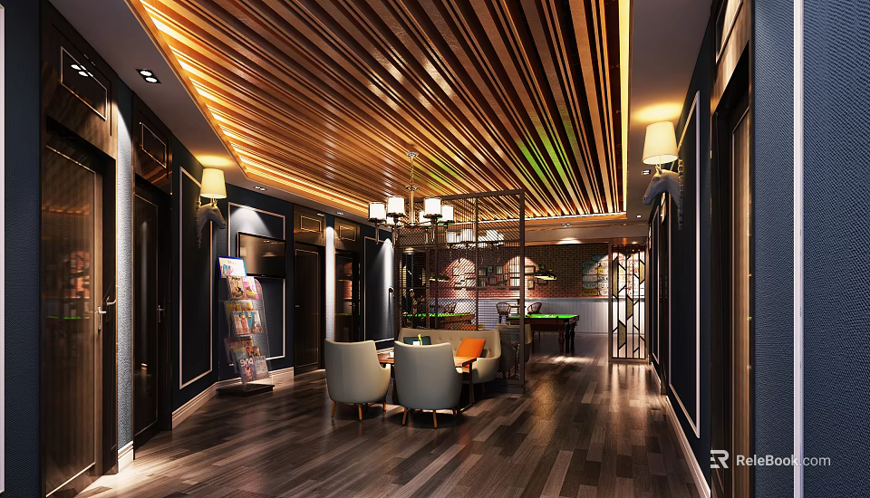 Modern Billiard Room Interior Design With Wooden Ceiling Lighting Seating Area And Wooden Floor 3d model 