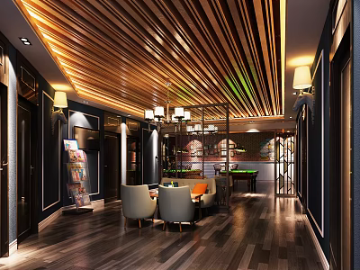Modern Billiard Room Interior Design With Wooden Ceiling Lighting Seating Area And Wooden Floor 3d model