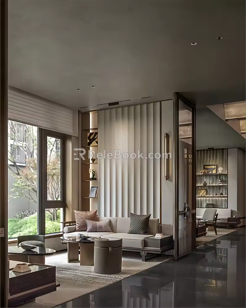 New Chinese Style Light Luxury Sales Office Negotiation Area Sofa Coffee Table Combination Screen Background Wall 3d model