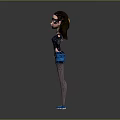 3D Character Girl In Black Top Blue Shorts Black Fishnet Stockings Arms Outstretched Gray Background
