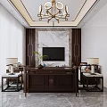 Chinese Style Living Dining Room Interior With Buddha Statue Dark Wooden Cabinet And Chandelier