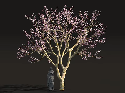 Tall Tree With Pink Blossoms And Stone Statue Standing Under 3d model
