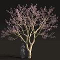 Tall Tree With Pink Blossoms And Stone Statue Standing Under 3d model