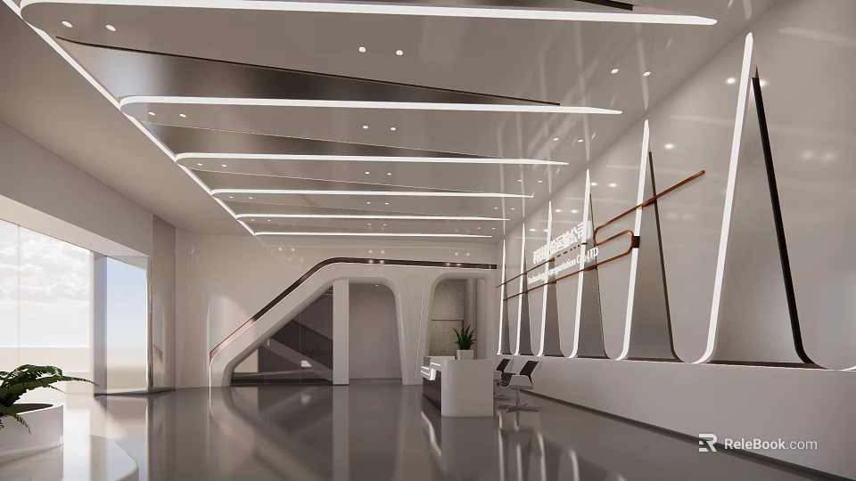 Modern Bright Reception Area Design With White Desk Sleek Floor And Staircase Lighting 3d model 