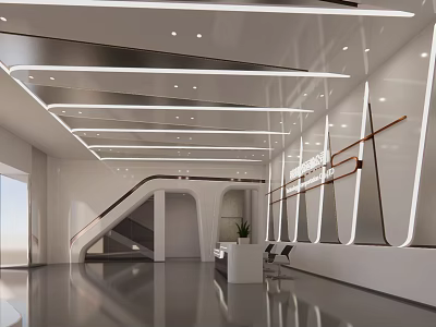 Modern Bright Reception Area Design With White Desk Sleek Floor And Staircase Lighting 3d model