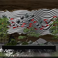 Artistic Garden Ornament with Red Fish Wavy Wall Bamboo Plants Small Pine Tree and Stones