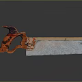 Vintage Garden Hand Saw with Red Handle and Metal Blade on Dark Reflective Background