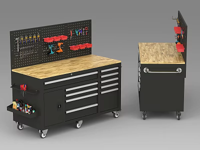 Public Facility Tool Cabinet With Pegboard Back Wooden Top Drawers And Wheels 3d model