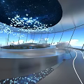 Modern Curved Interior Space Featuring Starry Sky Ceiling White Bird Decorations And City View