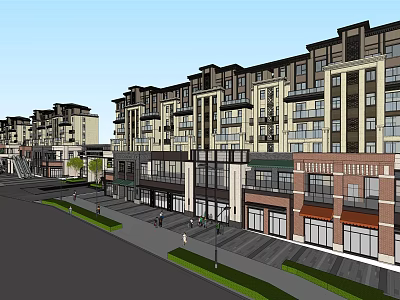 Modern Multi Story Mixed Use Street Front Buildings With Shops Balconies And Windows 3d model