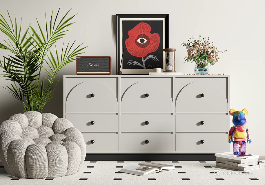 Modern Entryway Cabinet Console Table With Palm Plant Artwork Pouf And Decorative Items 3d model 