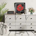 Modern Entryway Cabinet Console Table With Palm Plant Artwork Pouf And Decorative Items