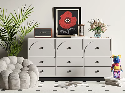 Modern Entryway Cabinet Console Table With Palm Plant Artwork Pouf And Decorative Items 3d model