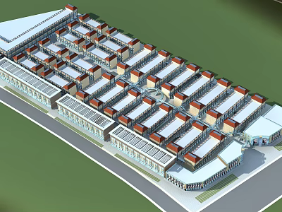 Large Commercial Building Complex With Organized Layout Red White Rooftops And Green Surroundings 3d model