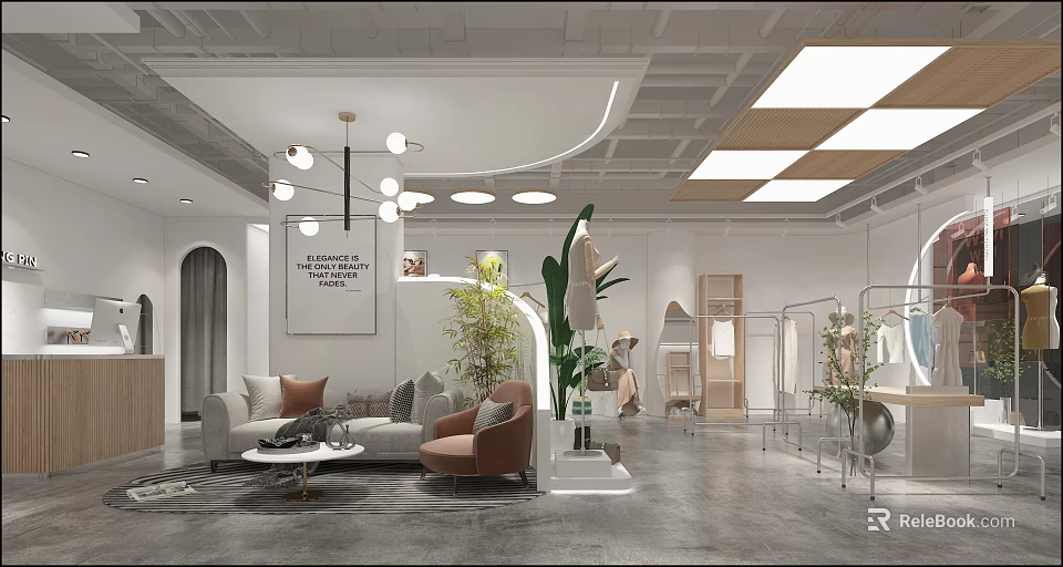 Modern Clothing Store Interior With Pendant Lights Lounge Seating Plants Display Racks 3d model 