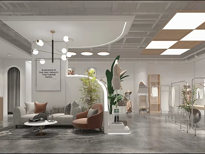 Modern Clothing Store Interior With Pendant Lights Lounge Seating Plants Display Racks 3d model