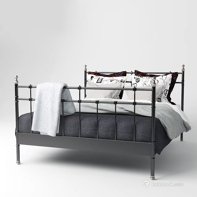 Modern Metal Frame Double Bed with Bed Rails Patterned Pillows and Light Blanket 3d model 
