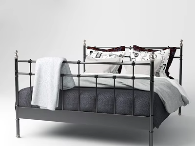 Modern Metal Frame Double Bed with Bed Rails Patterned Pillows and Light Blanket 3d model