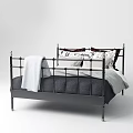 Modern Metal Frame Double Bed with Bed Rails Patterned Pillows and Light Blanket 3d model