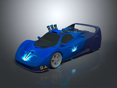 Blue Sporty Race Car With Sleek Aerodynamic Body Rooftop Turbines And Illuminated Accents 3d model