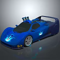 Blue Sporty Race Car With Sleek Aerodynamic Body Rooftop Turbines And Illuminated Accents